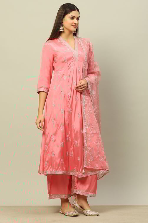 Dusty Blue Viscose Shantoon Kalidar Embroidered Kurta Palazzo Suit Set image number 5