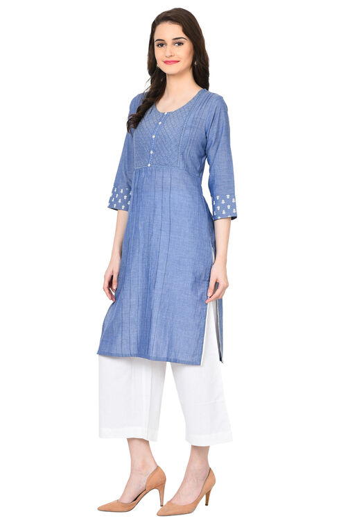 Blue Straight Chambray Kurta image number 3