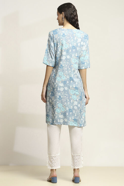 Blue Viscose Rayon Printed Straight Kurta image number 3