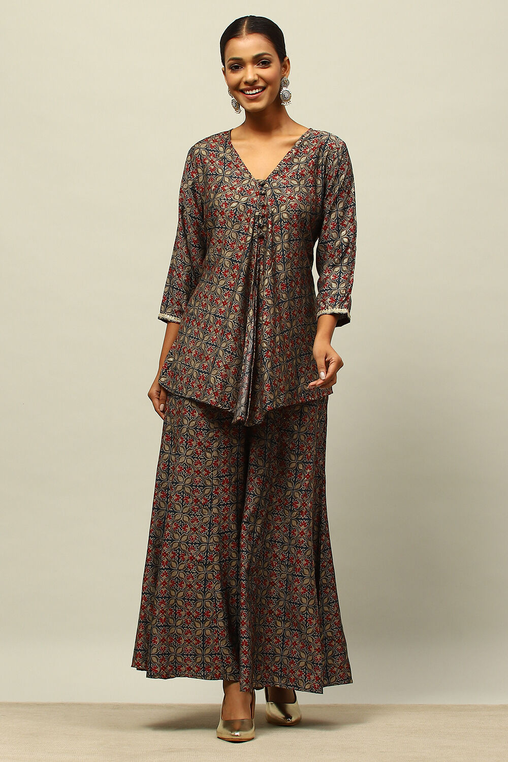 Blue Viscose Blend A-Line Printed Kurta Palazzo Suit Set image number 0