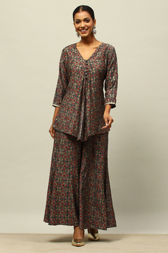 Blue Viscose Blend A-Line Printed Kurta Palazzo Suit Set image number 0