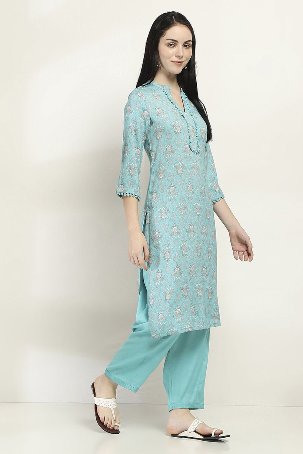 Yellow Printed Straight Kurta Set image number 5