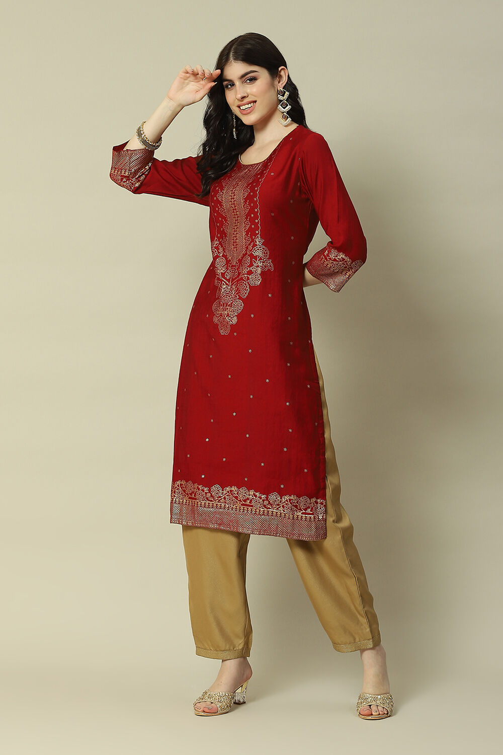 Maroon LIVA Straight Printed Kurta image number 0