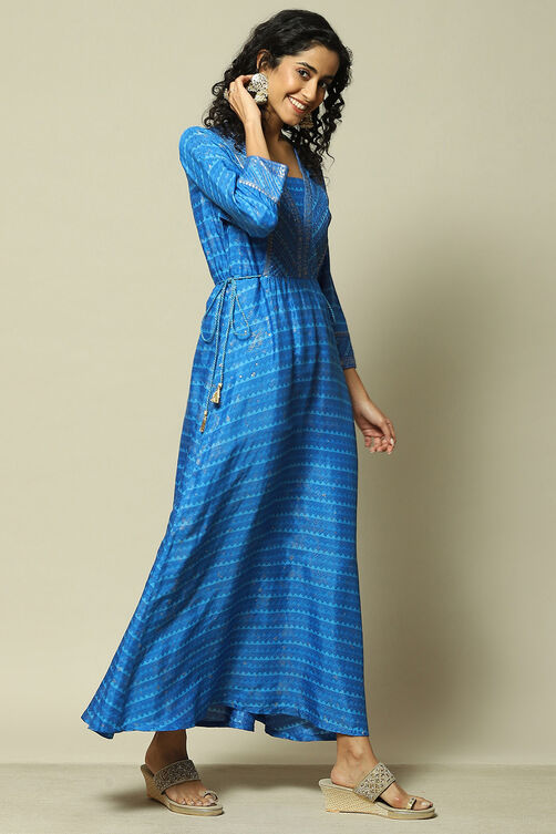 Blue LIVA Flared Printed Dress image number 4