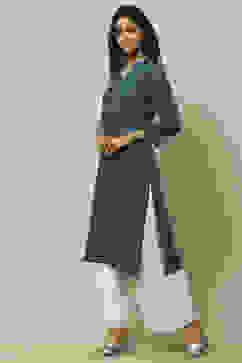 Blue Cotton Striped Straight Kurta image number 2