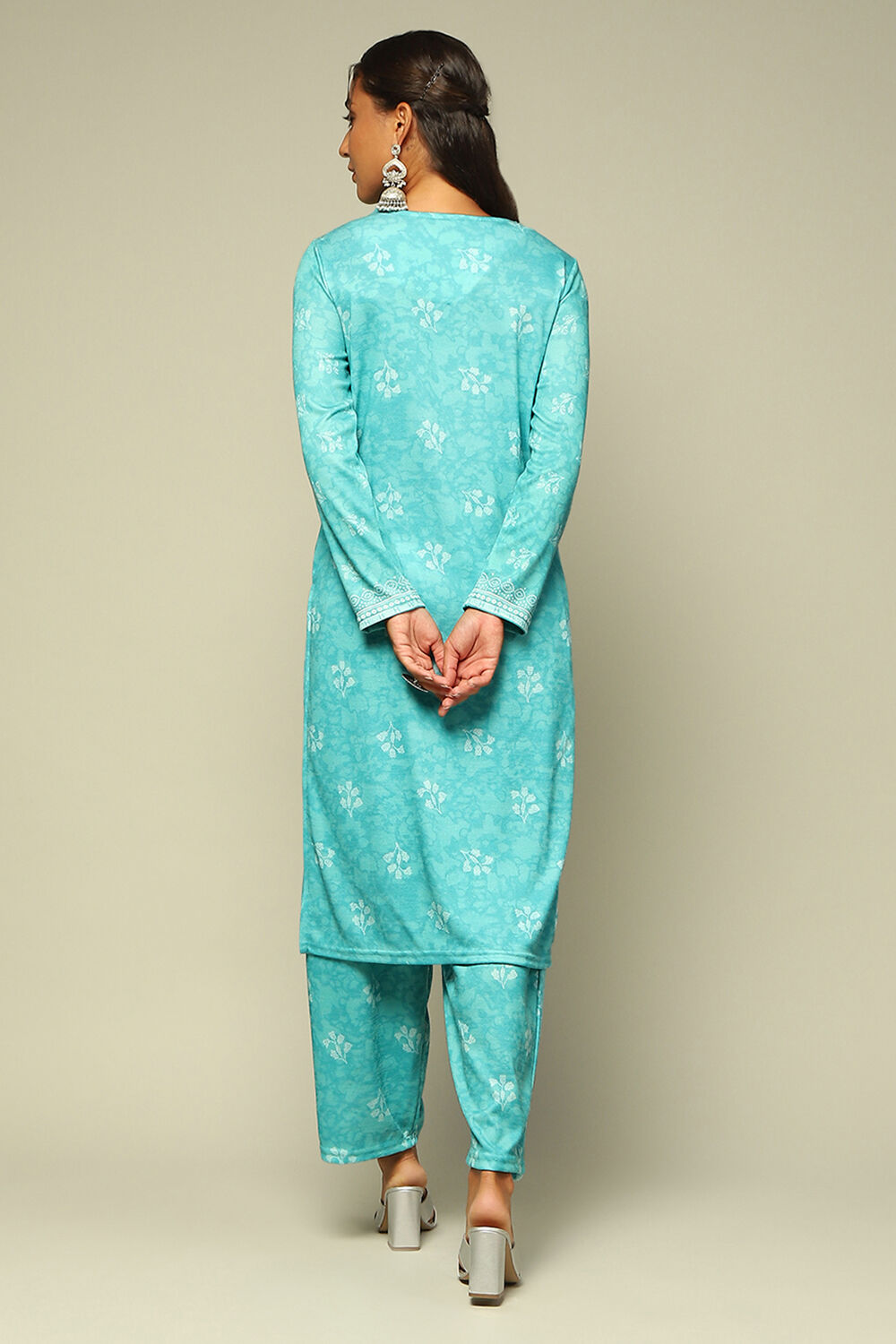 Aqua Blue Polyster Melange Straight Printed Kurta Palazzo Suit Set image number 4