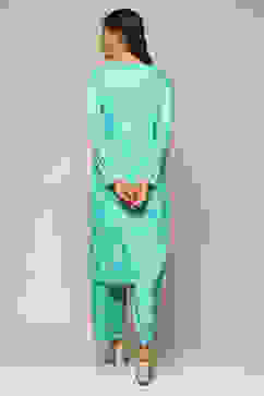 Aqua Blue Polyster Melange Straight Printed Kurta Palazzo Suit Set image number 4