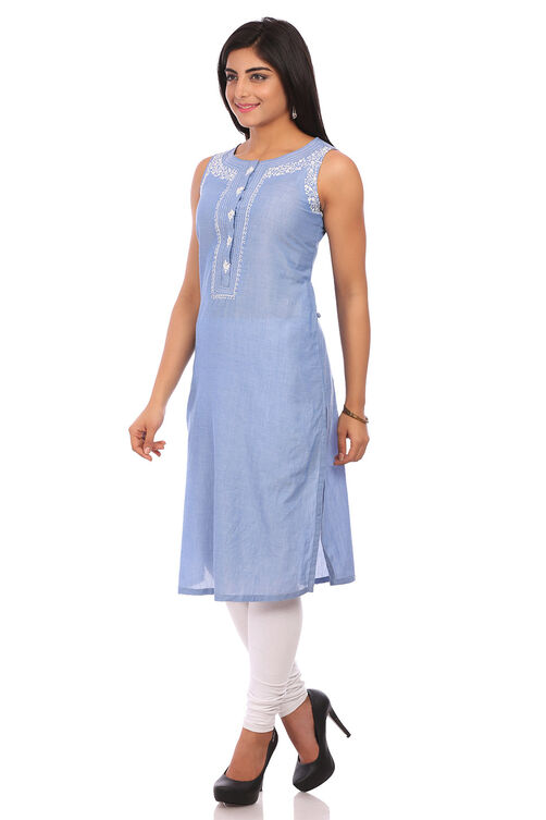 Blue Cotton Straight Kurta image number 3