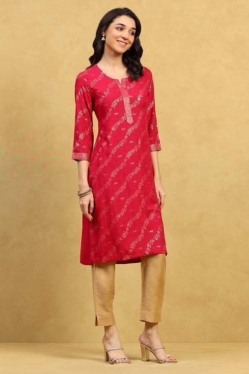 Pink Printed Straight Kurta image number 4