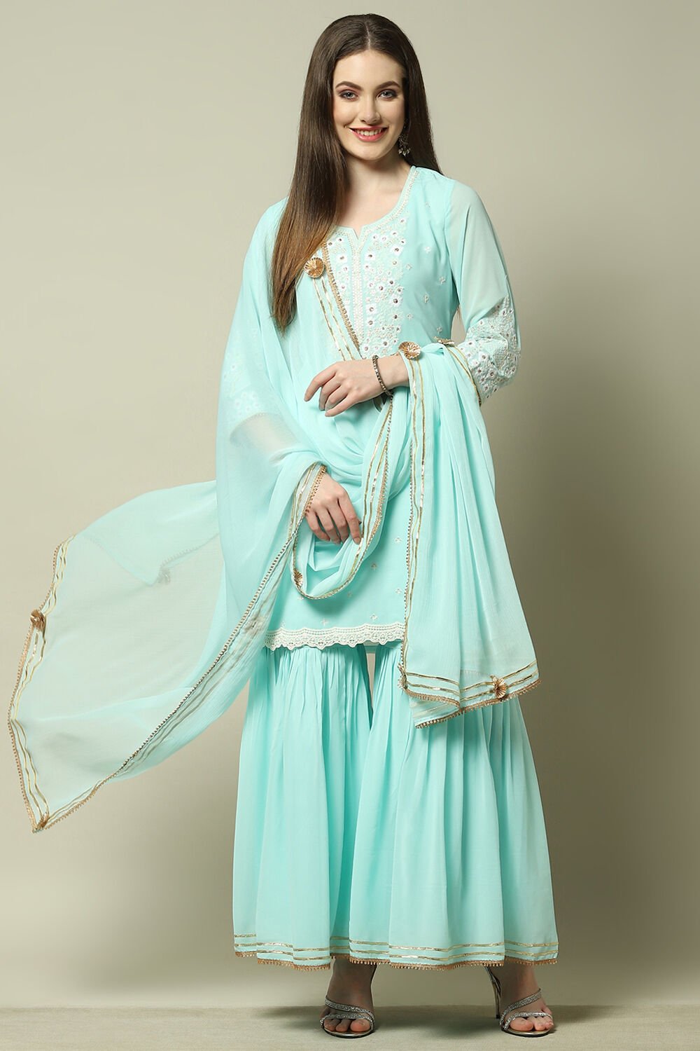 Aqua Blue Poly Georgette Kurta & Garara Suit Set image number 0