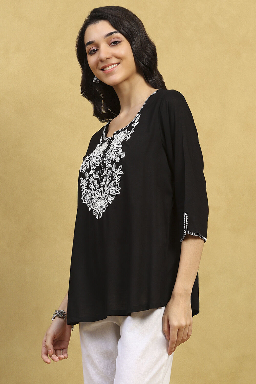 Black Viscose Rayon Embroidered Straight Top image number 2