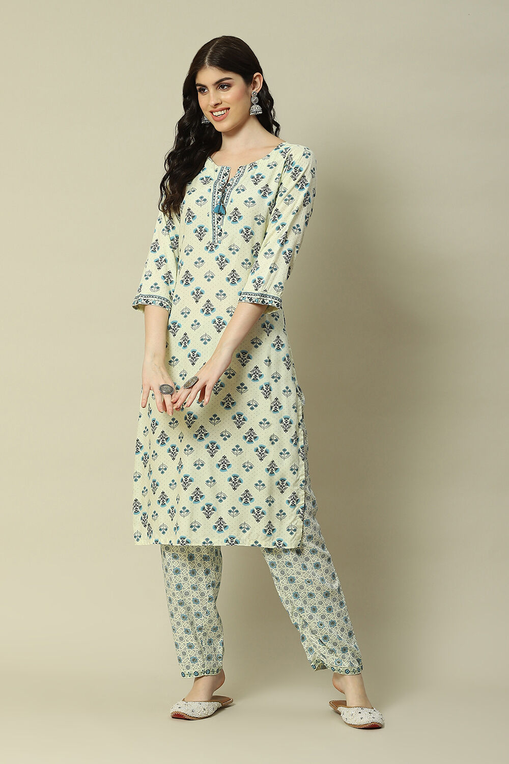 Ecru LIVA Straight Printed Kurta Palazzo Suit Set image number 6