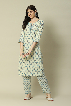 Ecru LIVA Straight Printed Kurta Palazzo Suit Set image number 6
