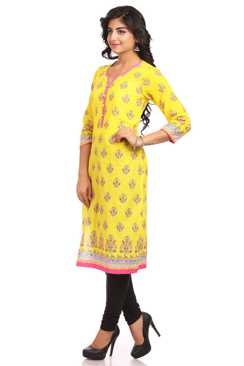 Yellow Straight Cotton Kurta image number 3