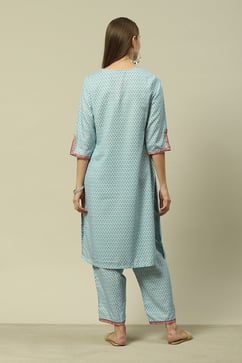 Aqua Blue Viscose Straight Printed Kurta Palazzo Suit Set image number 4