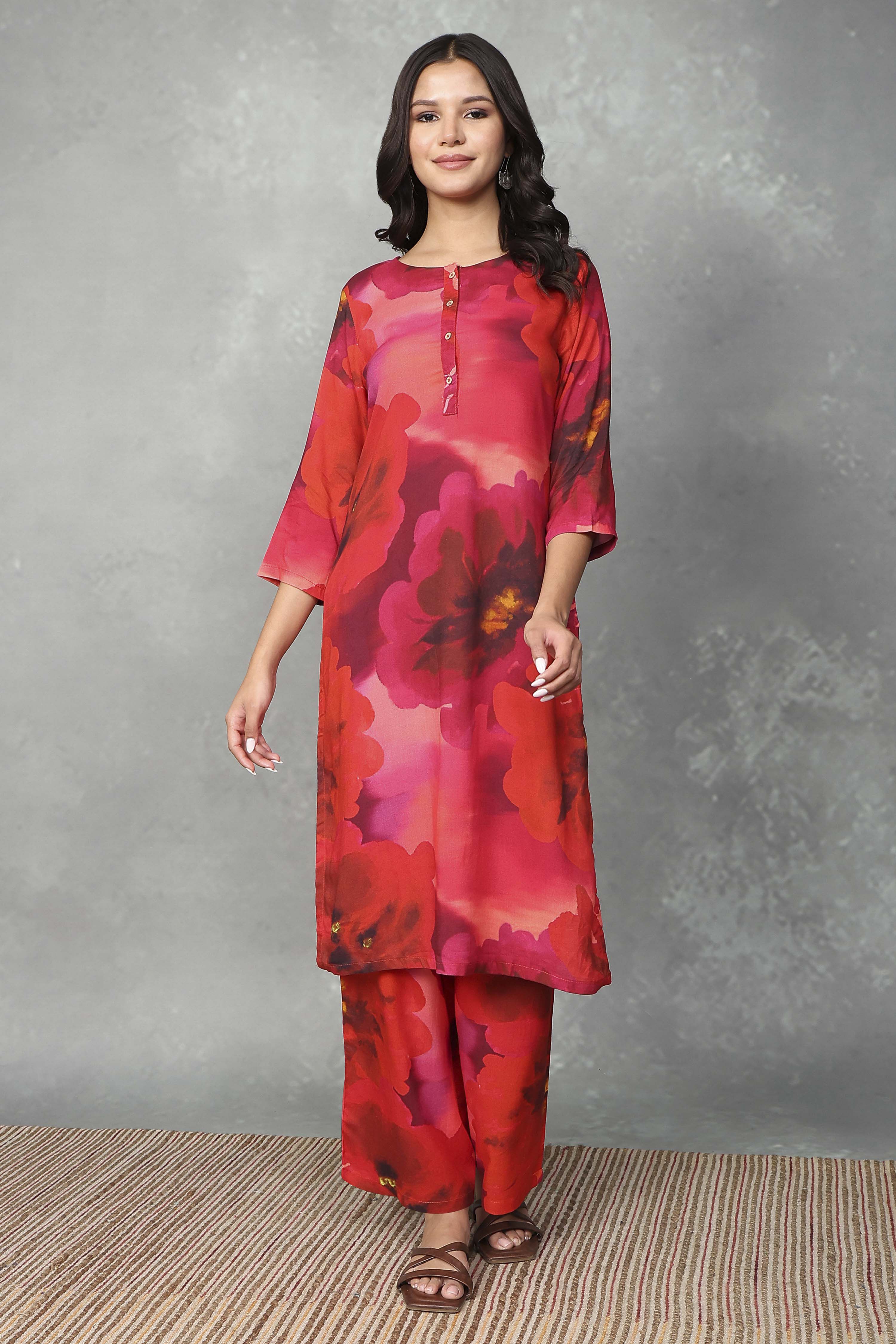 Red Floral Printed Co-ord Set image number 0