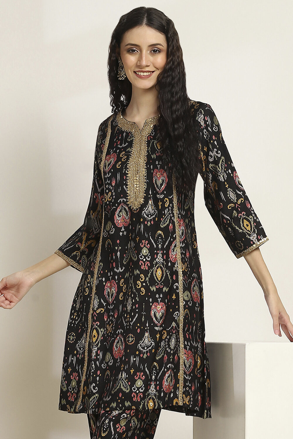 Black Viscose Blend Printed A-Line Kurta Pants Set image number 7