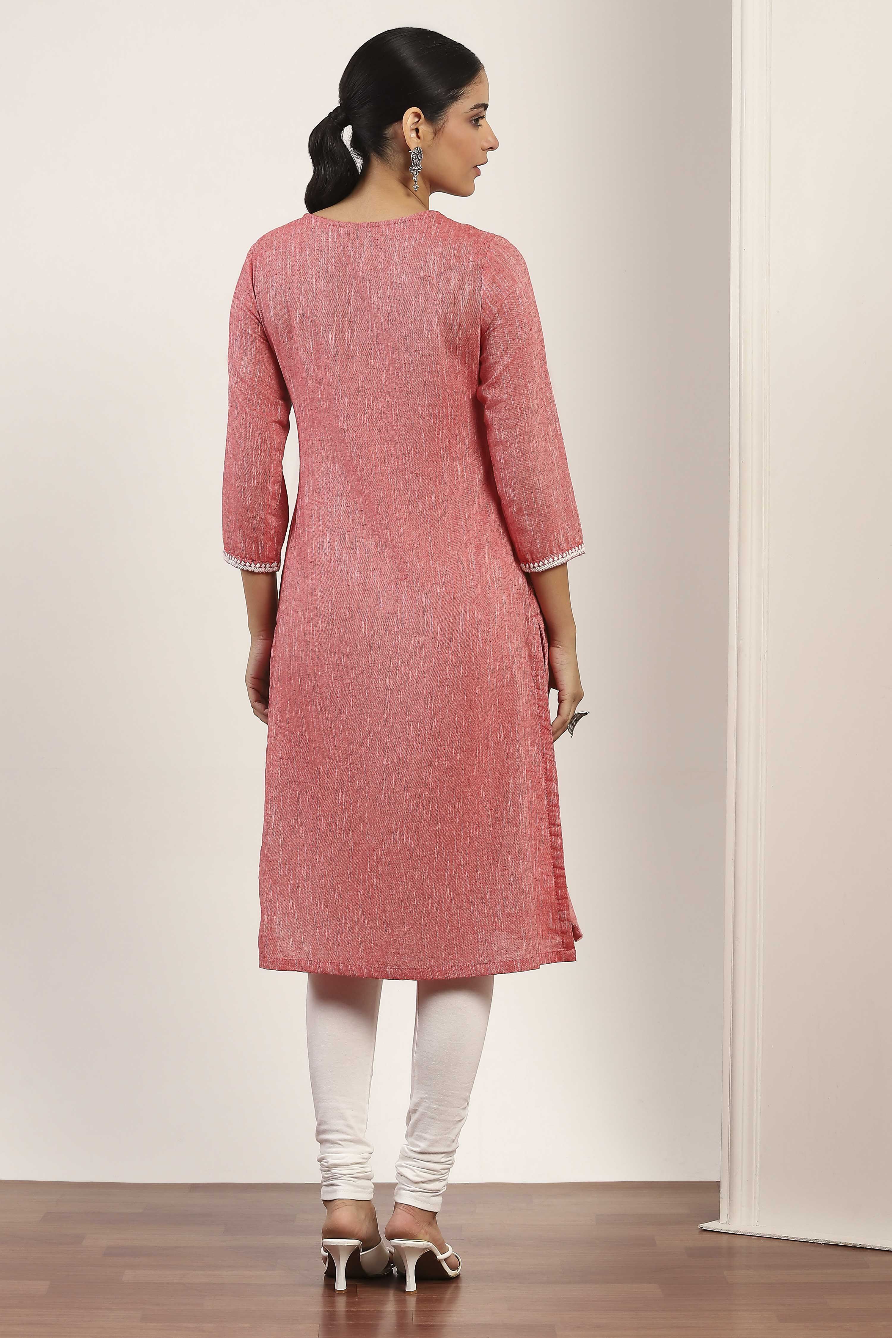 Red Cotton Blend Straight Kurta Pants Set image number 4
