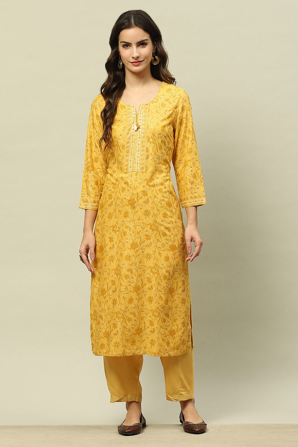 Yellow Rayon Straight Printed Kurta Salwar Suit Set image number 6