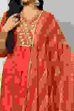 Rust Poly Chiffon Printed Festive Dupatta image number 1