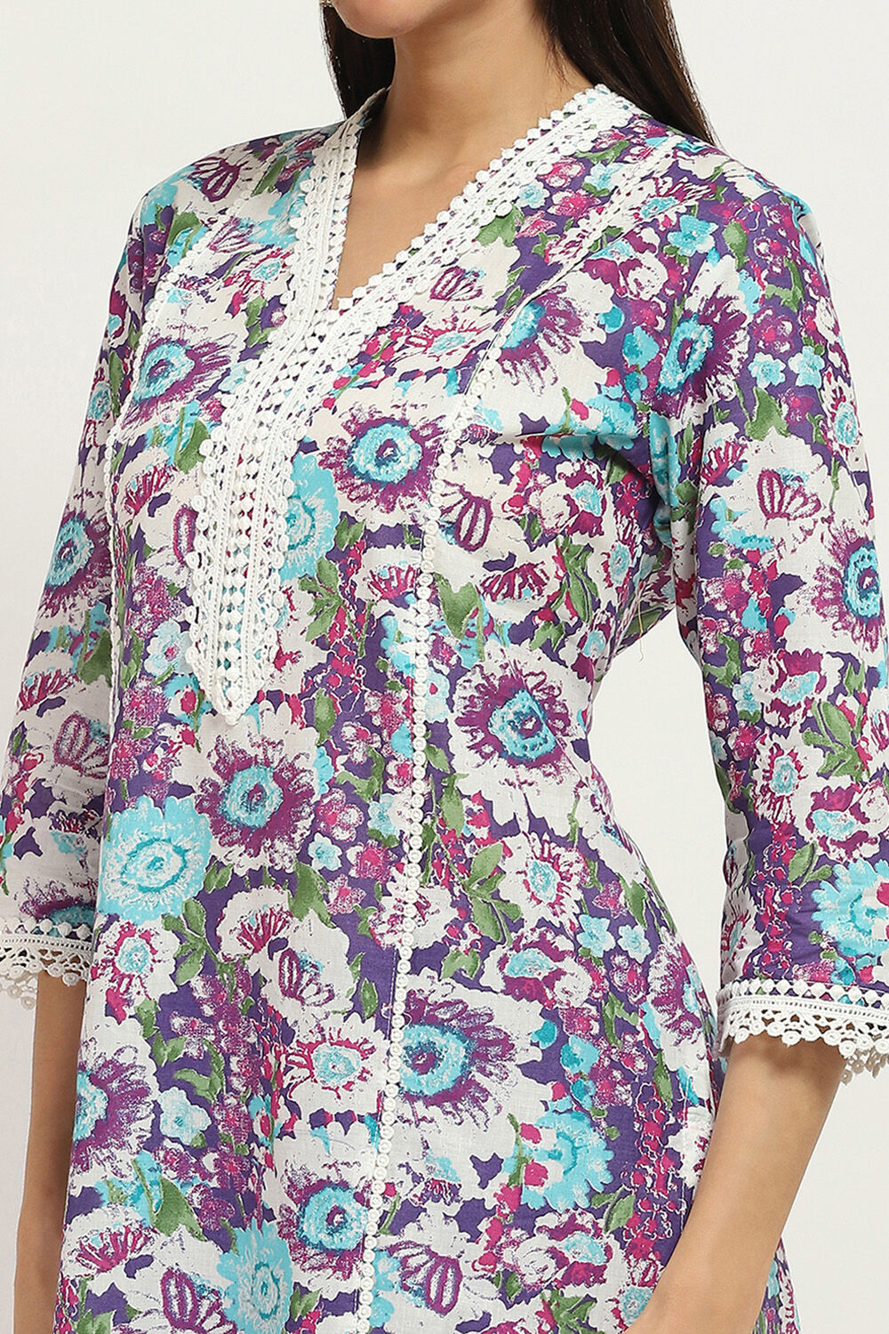 Purple Cotton Floral Straight Kurta Set image number 1