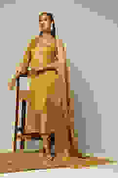 Mustard Acrylic Straight Yarn Dyed Kurta Palazzo Suit Set image number 7