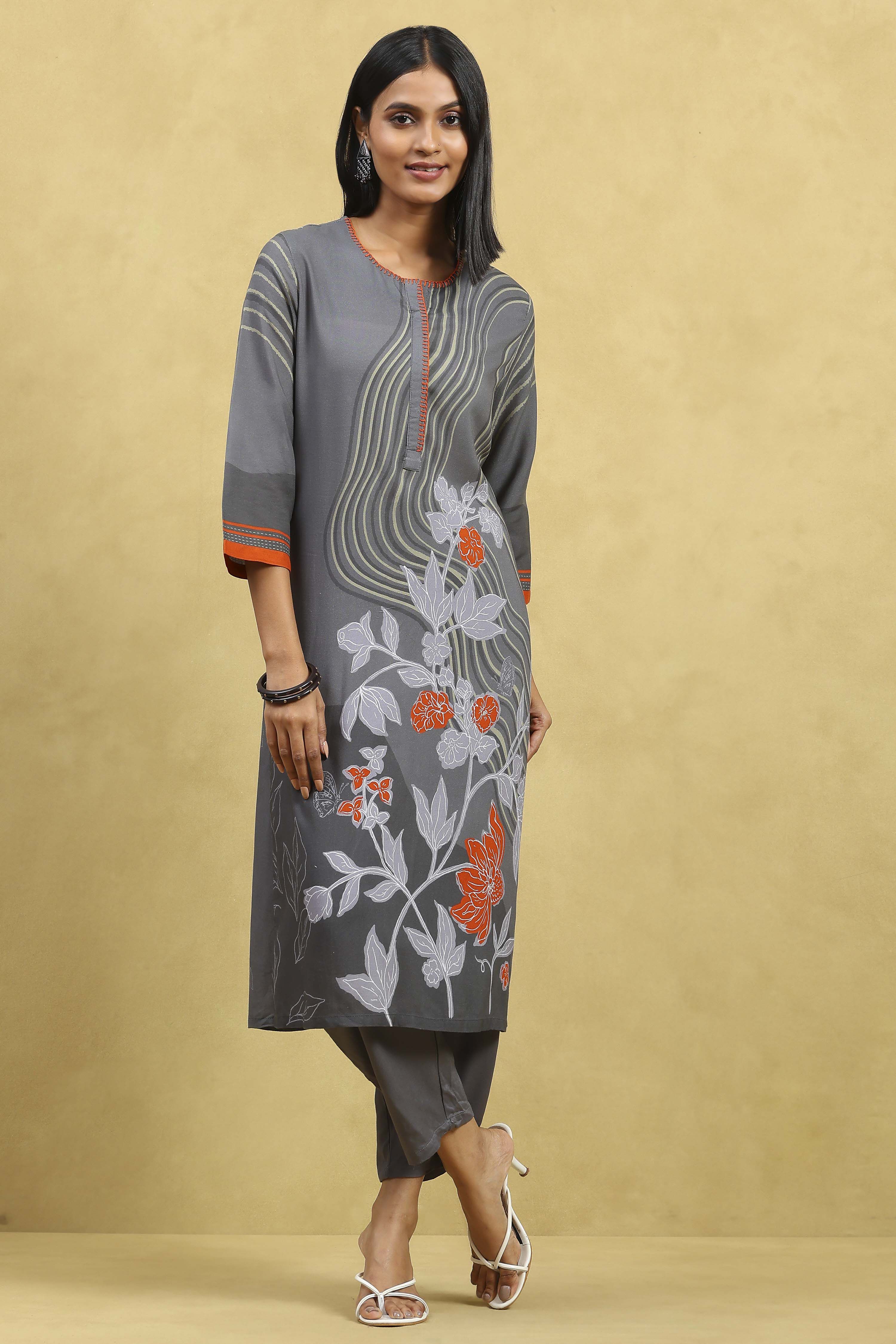 Grey Viscose Rayon Printed Straight Kurta Pants Set image number 0