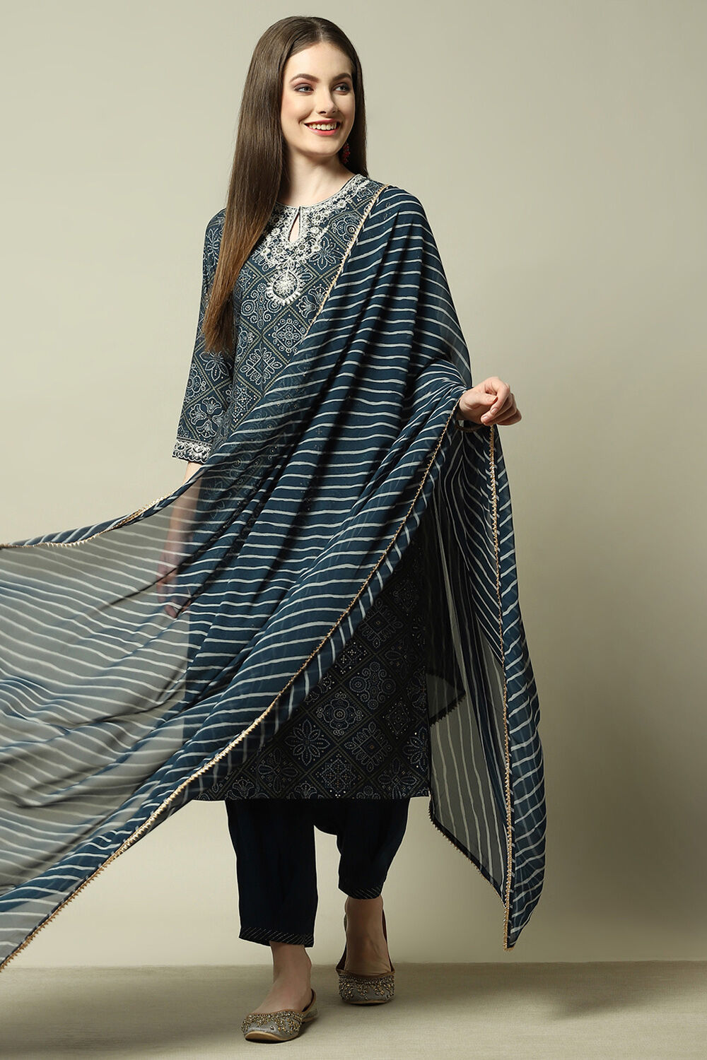 Blue Bandhani Print Straight Kurta & Salwar Suit Set image number 0