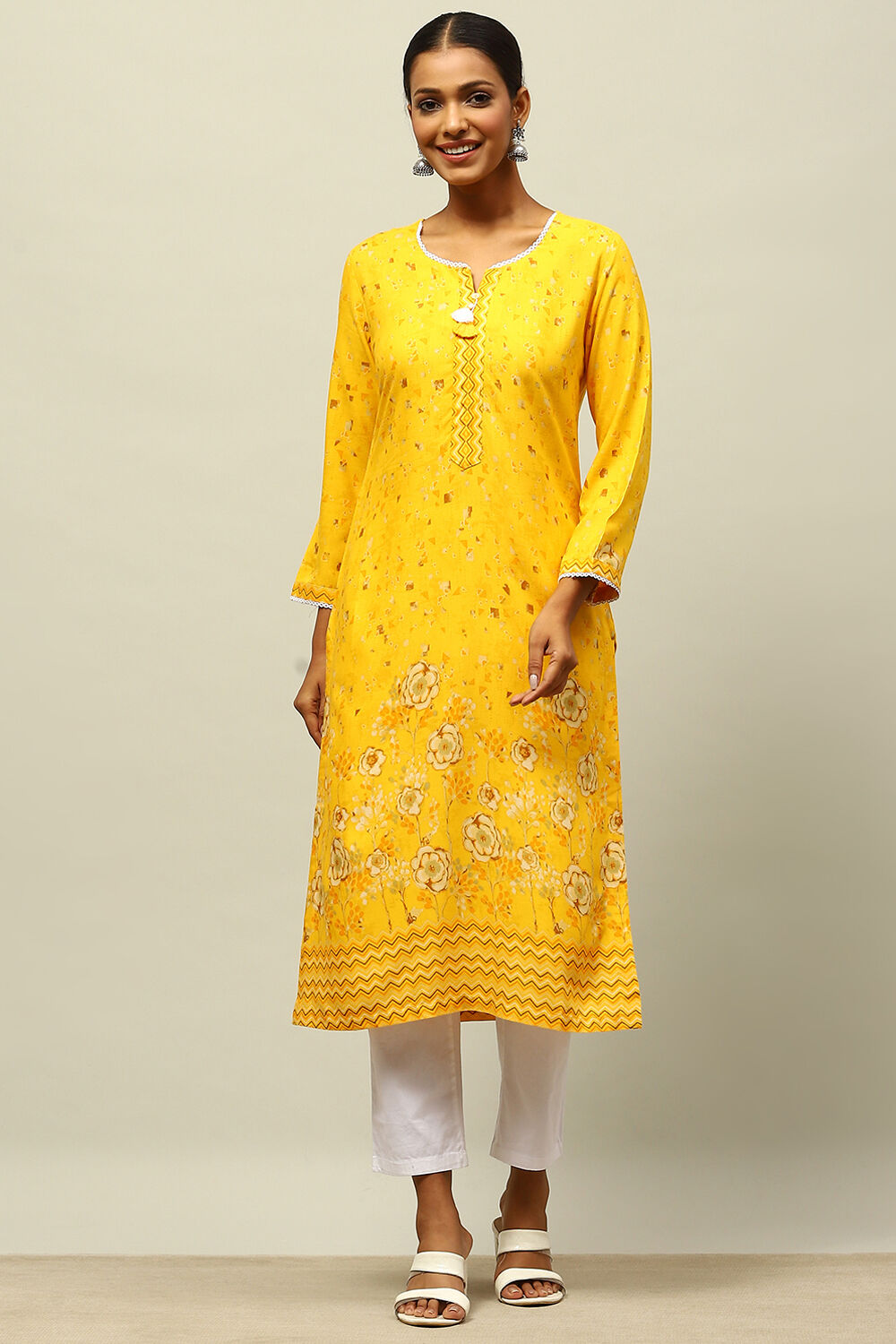 Yellow Rayon Printed Straight Kurta image number 0