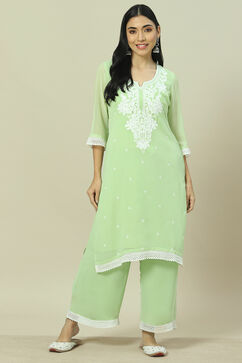 Lime Green Cotton Blend Straight Kurta image number 5