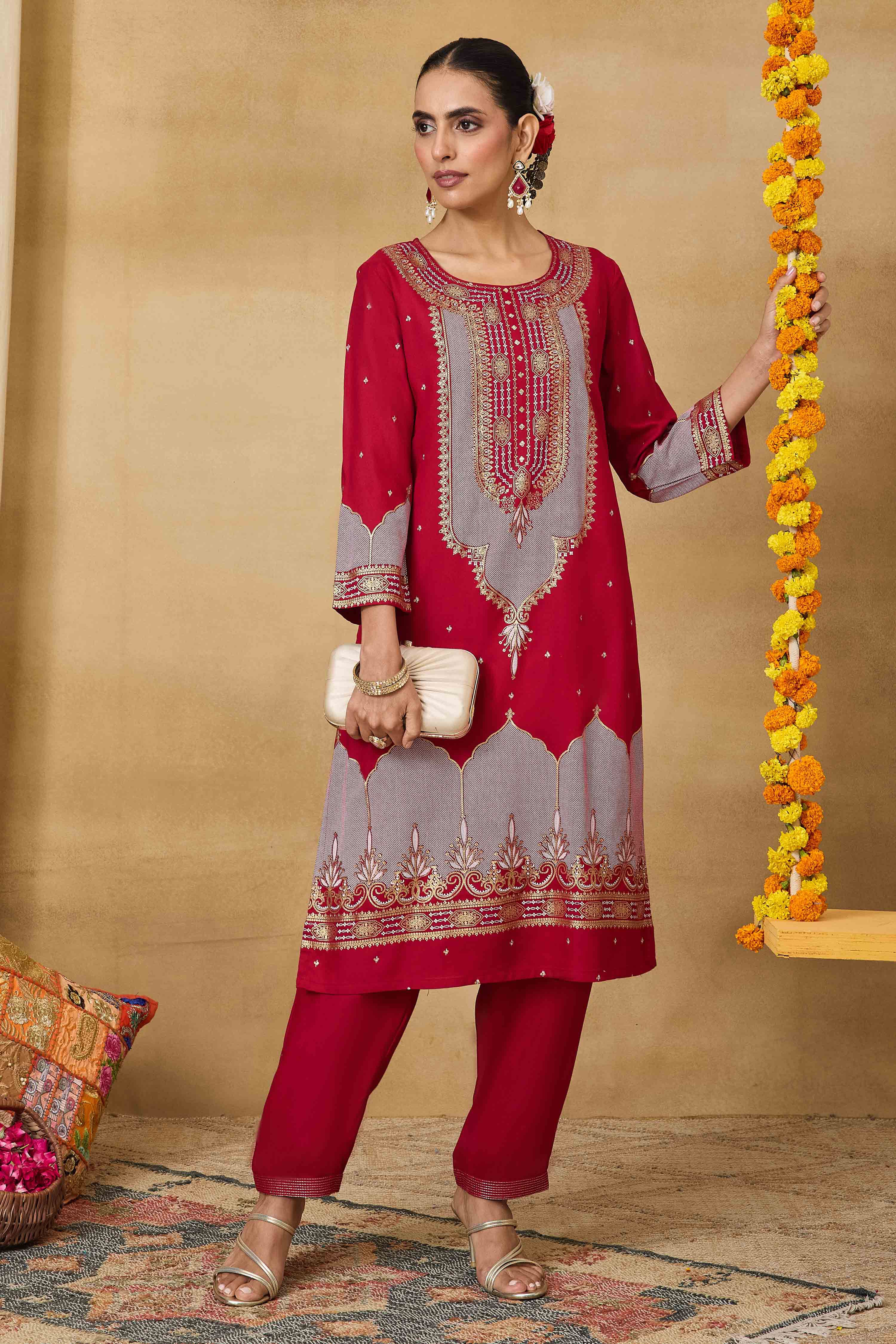 Red Viscose Rayon Straight Printed Kurta Pants Set image number 0