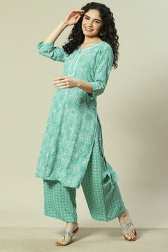 Green LIVA Woven Straight Kurta Suit Set image number 0