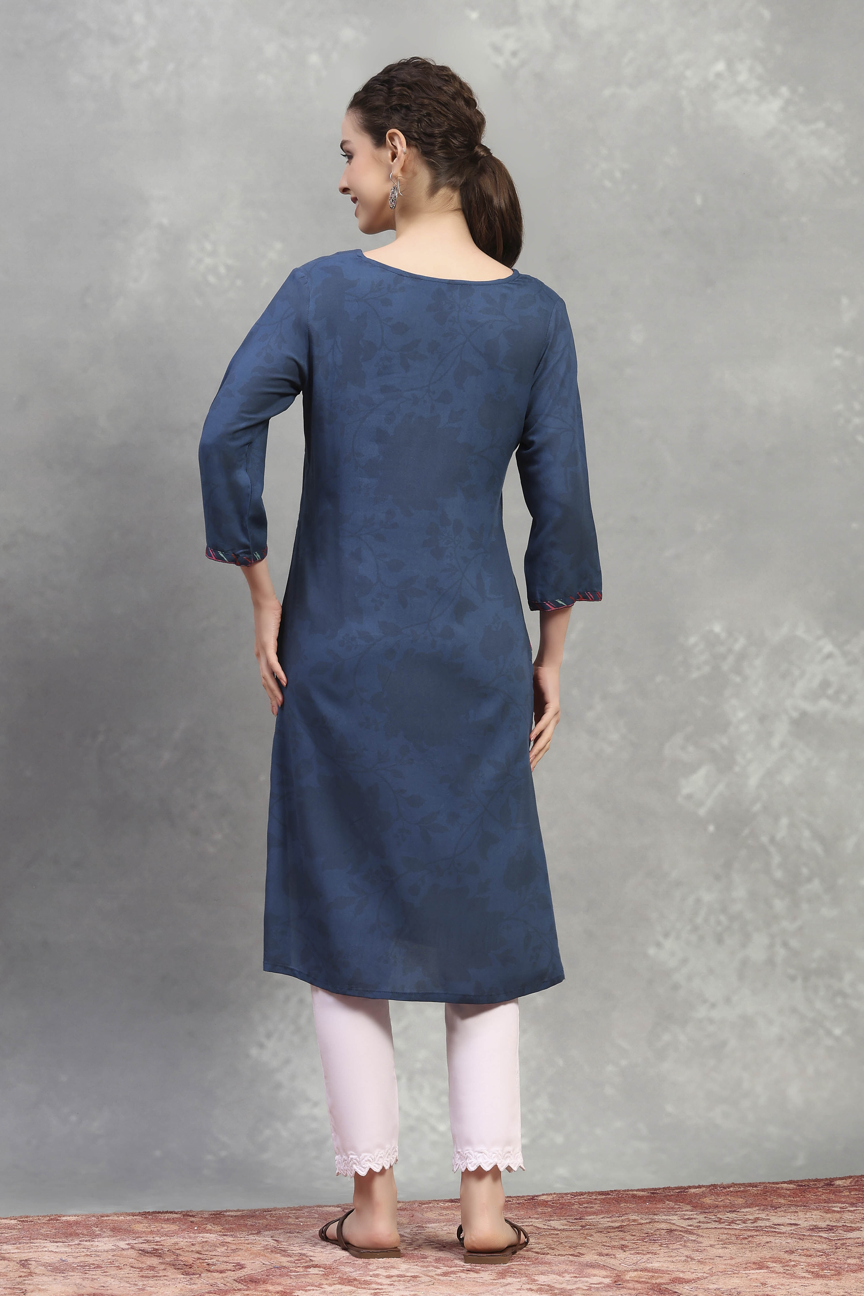 Blue Viscose Rayon Printed Straight Kurta image number 3