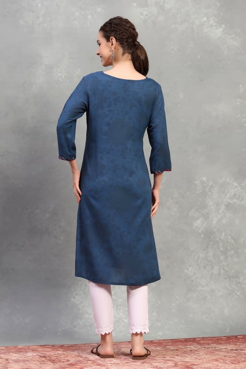 Blue Viscose Rayon Printed Straight Kurta image number 3