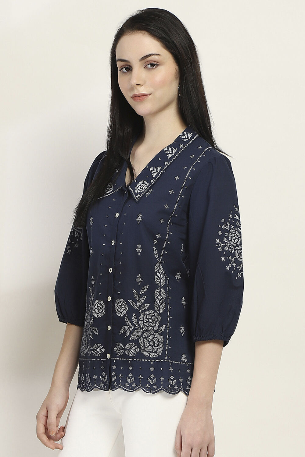 Navy Blue Printed Straight Shirt-Style Indie Top image number 2