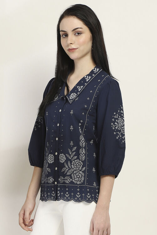 Navy Blue Printed Straight Shirt-Style Indie Top image number 2