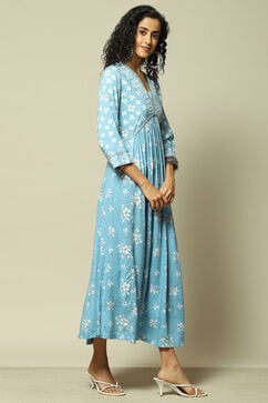 Blue LIVA Tiered Printed Dress image number 4