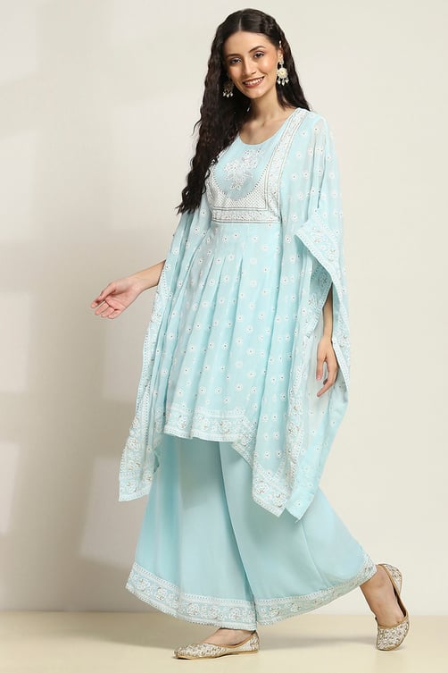Aqua Printed Kaftan-Style Flared Kurta Set image number 3