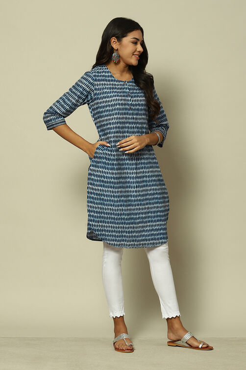 Indigo Blue Cotton Straight Printed Kurta image number 3