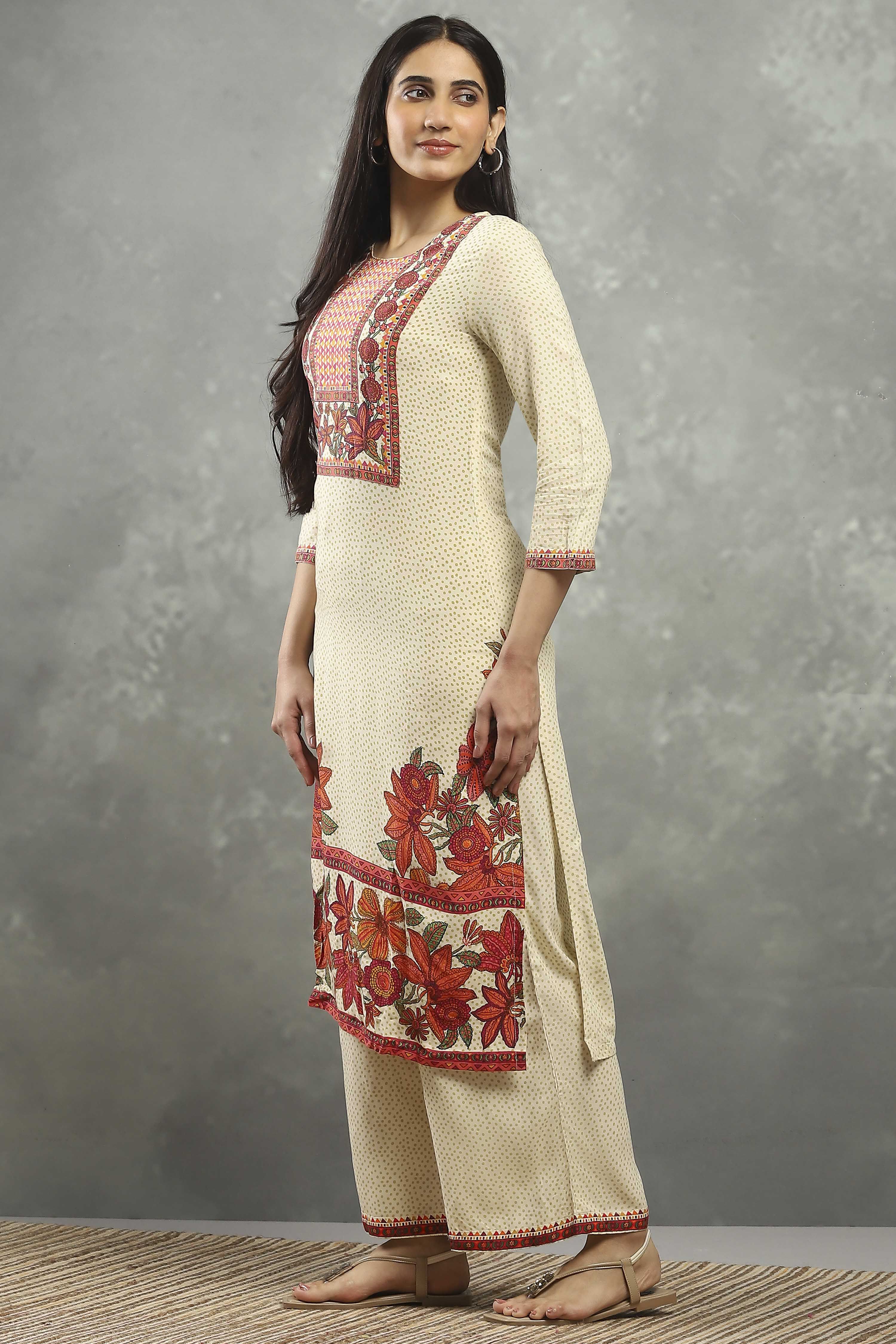 Beige Viscose Straight Kurta Pants Set image number 3