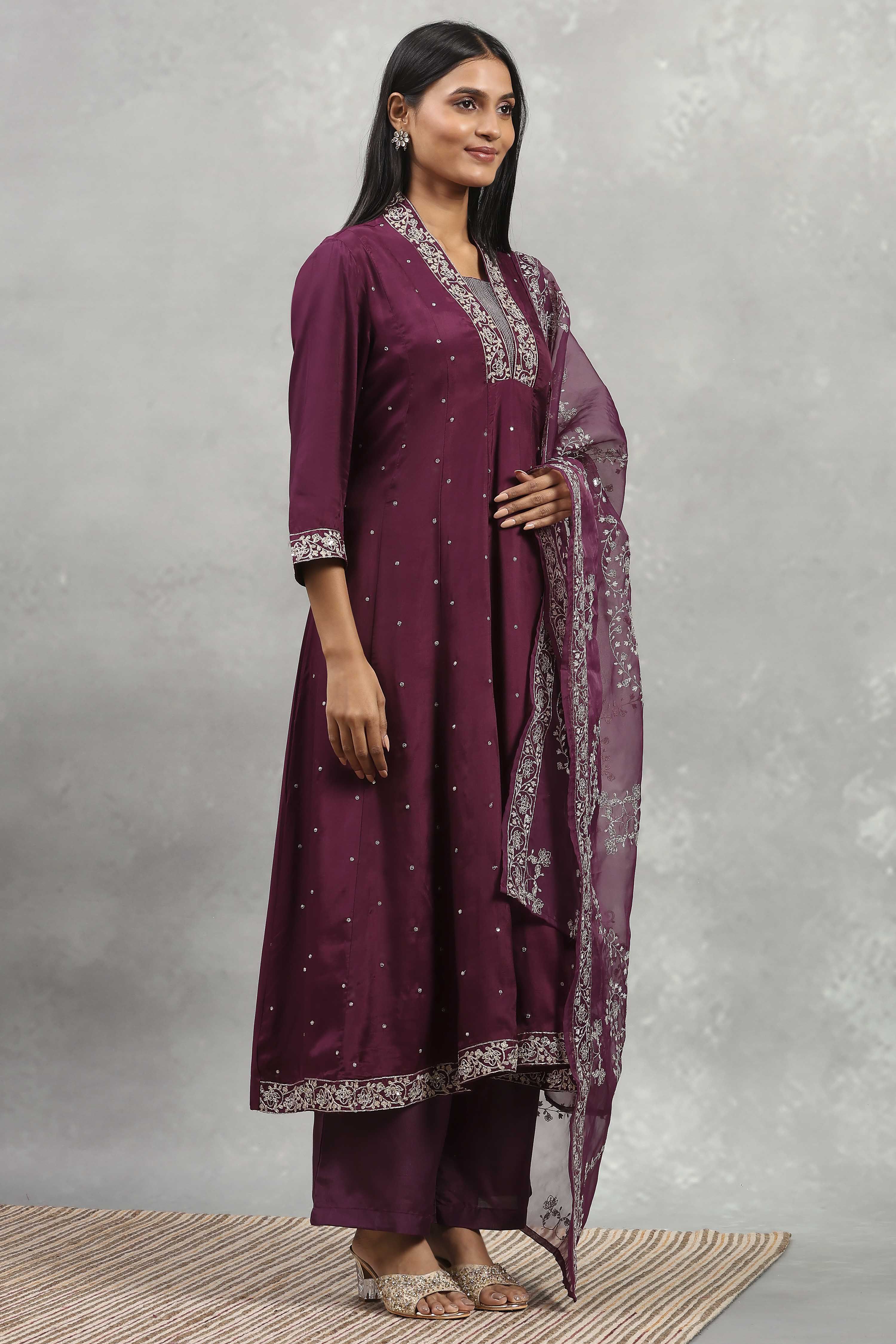 Purple Viscose Rayon Embroidered Kalidar Suit Set image number 5
