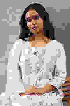 Off White Viscose Blend Printed Straight Suit Set image number 1