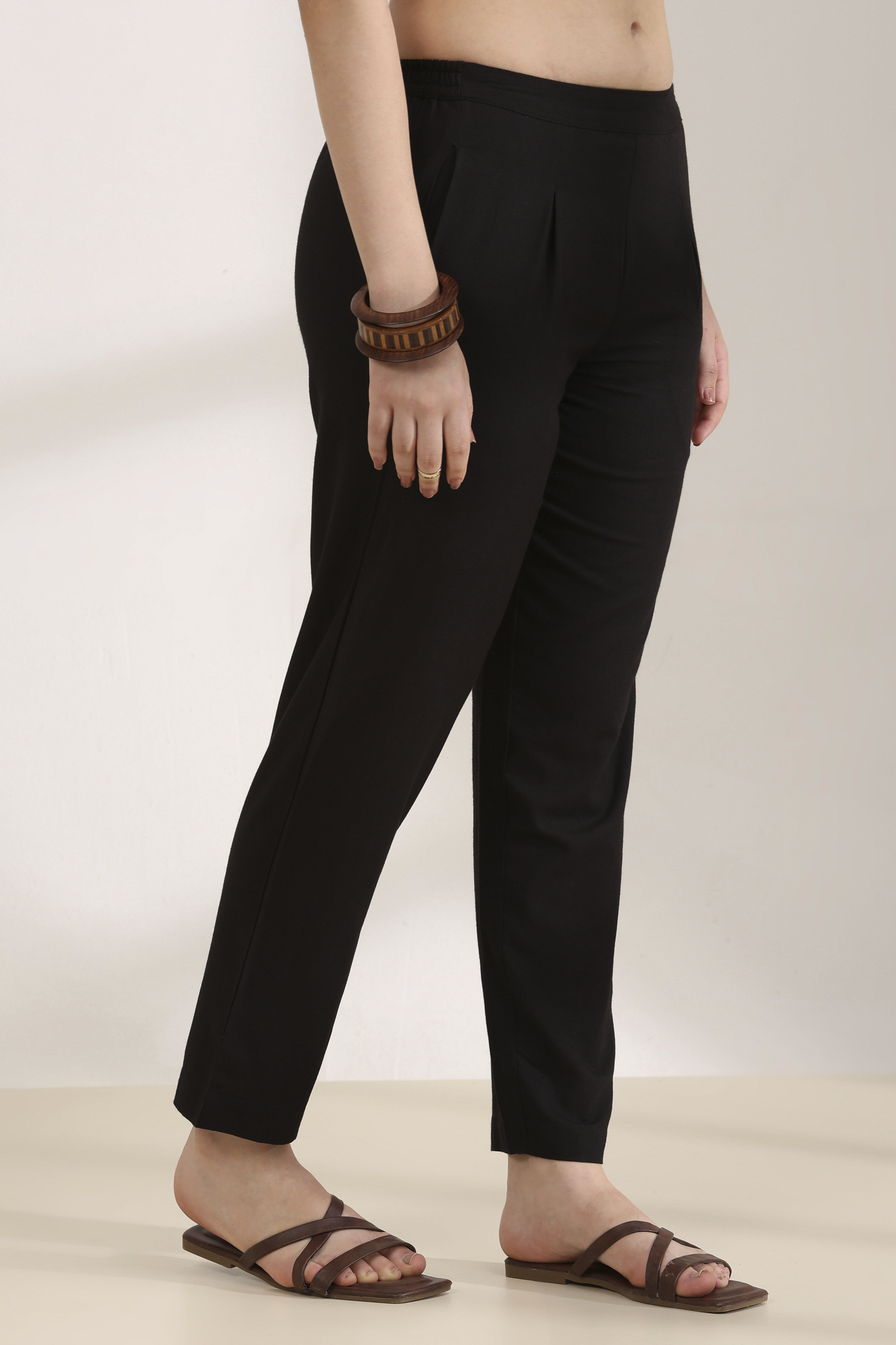 Black Cotton Blend Straight Pants image number 3