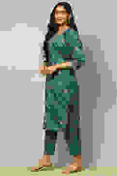 Teal Blue Cotton Straight Printed Kurta Pants Set image number 3