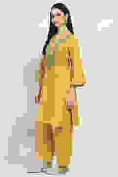 Yellow Cotton Embroidered Straight Kurta Set image number 3