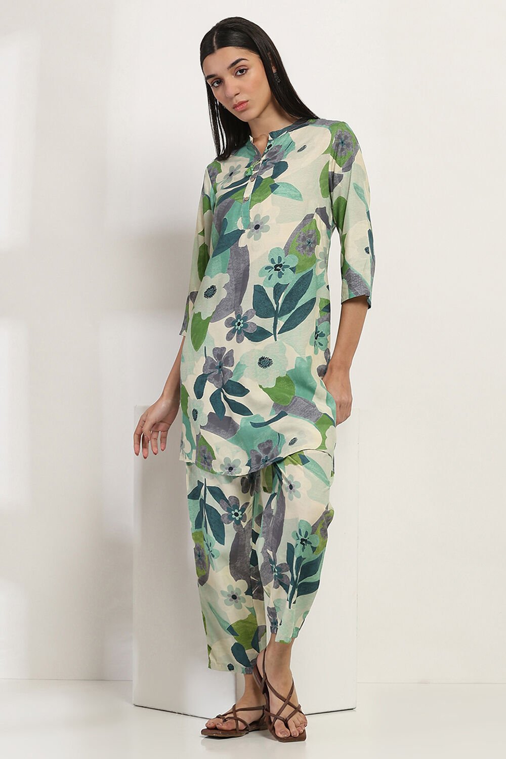 Aqua Printed Straight Co-ord Set image number 0