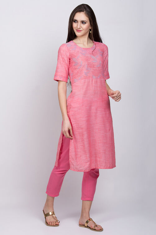 Pink Cotton Straight Kurta image number 3