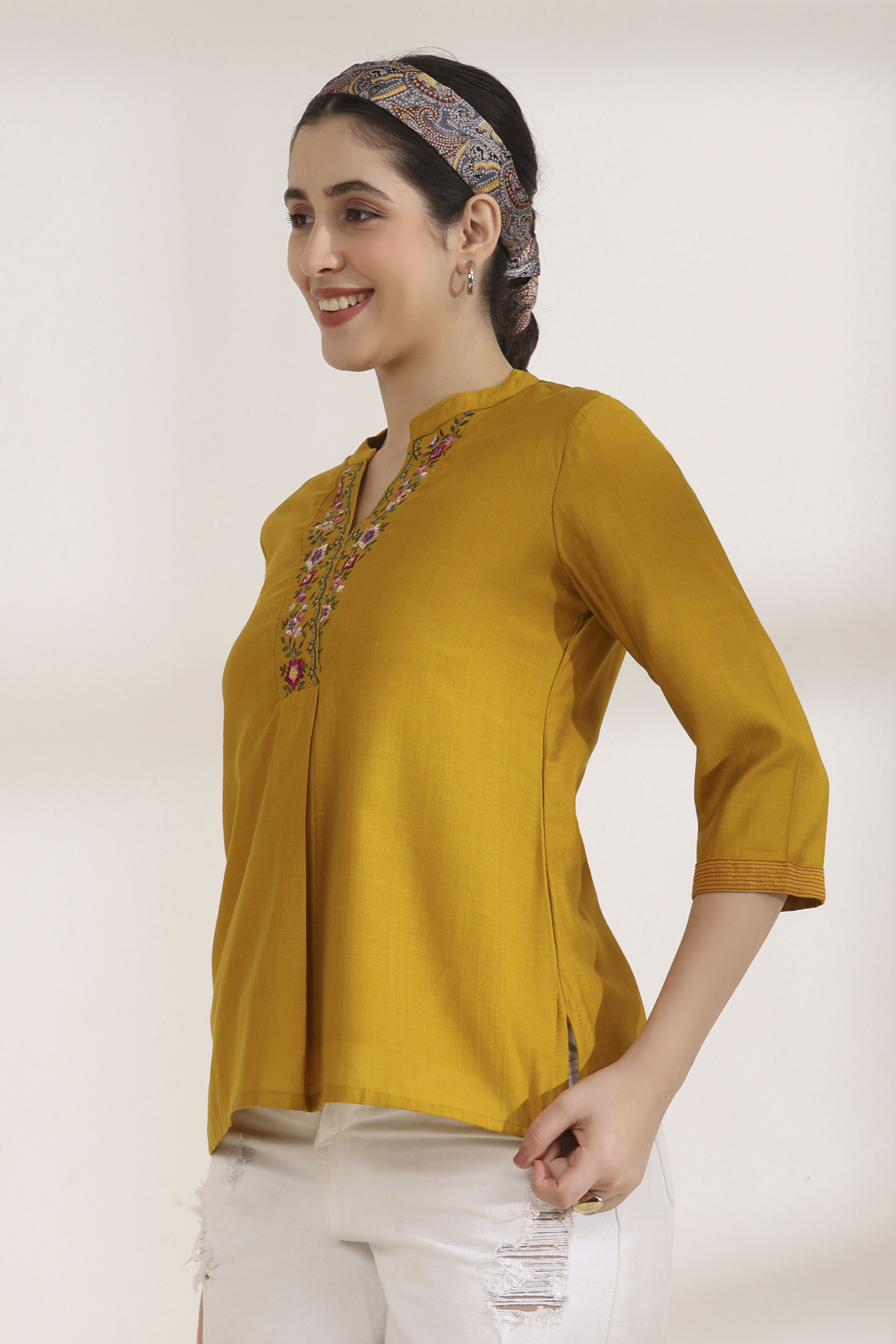 Yellow Viscose Blend Regular Solid Top image number 2