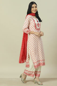 Ecru LIVA Woven Straight Kurta Suit Set image number 6