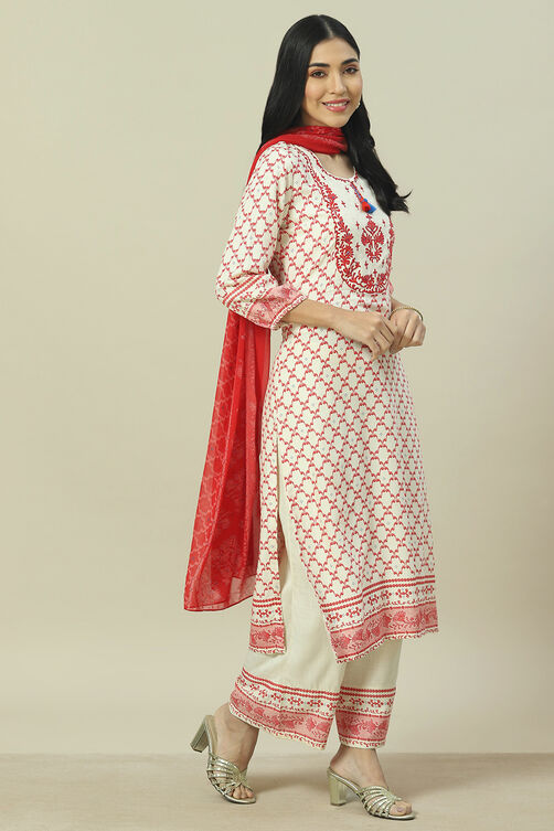 Ecru LIVA Woven Straight Kurta Suit Set image number 6